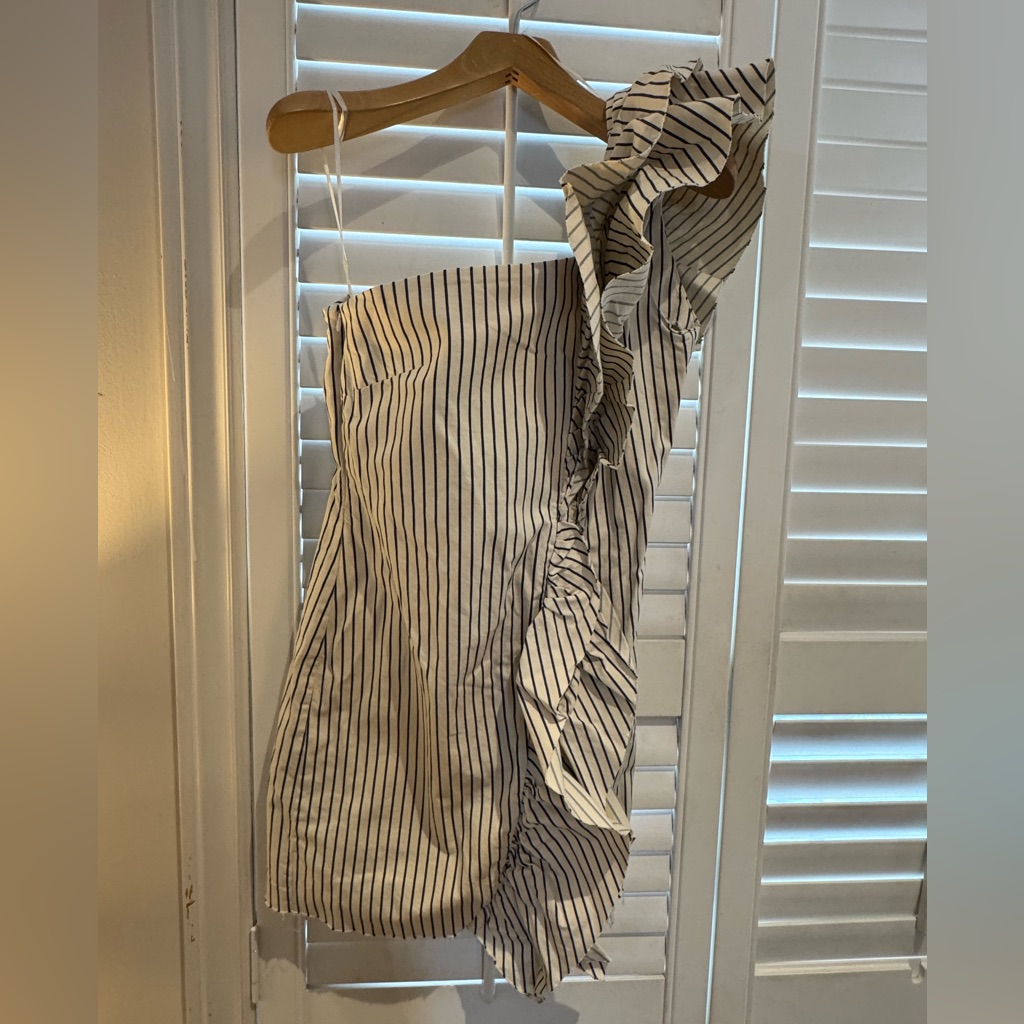 Zara One Shoulder Ruffle Dress With Navy Stripes